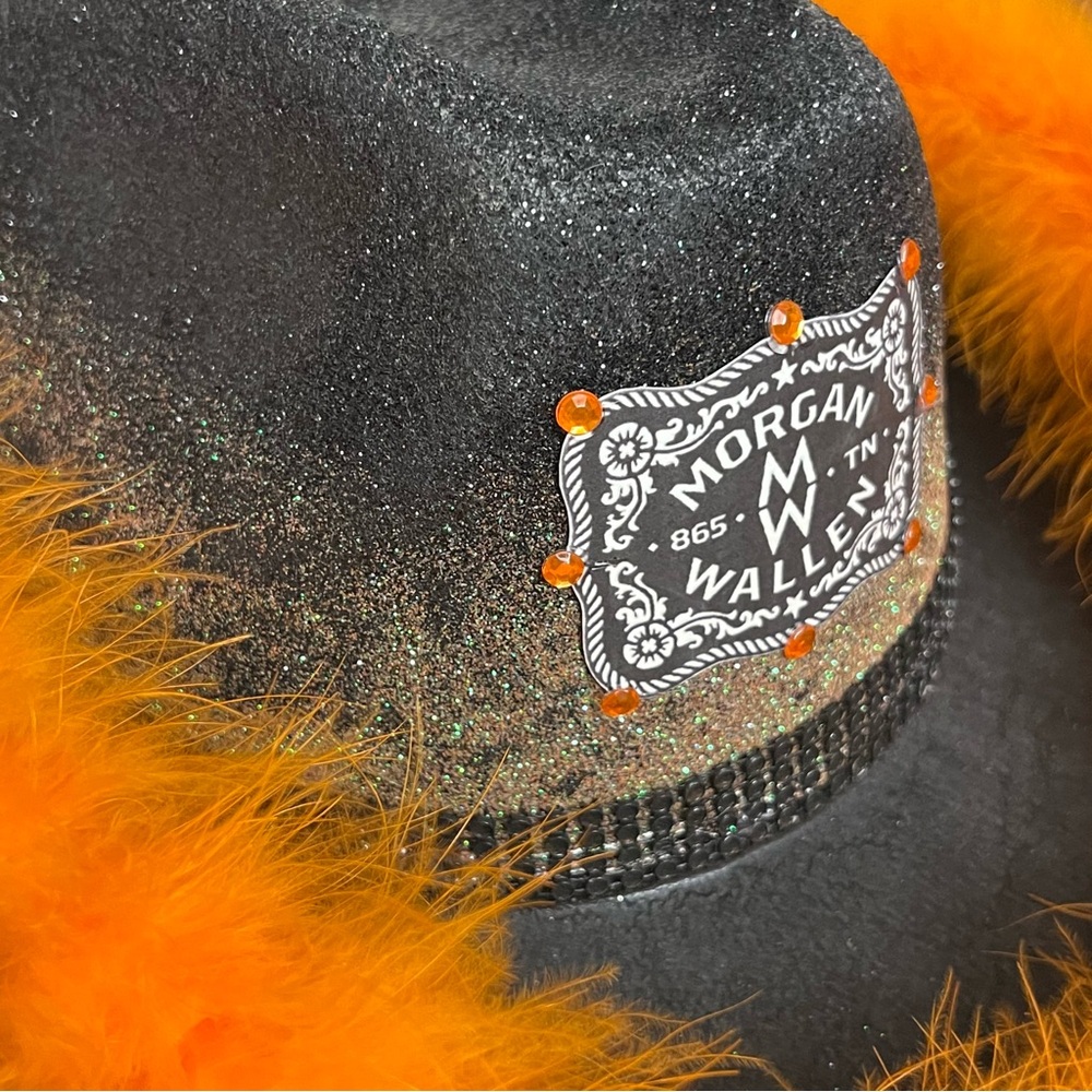 Morgan Wallen custom Handcrafted black & Orange Feather Cowgirl Hat festival - Picture 10 of 14